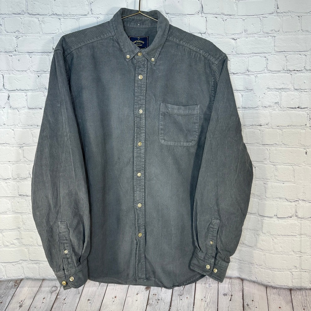 Portuguese Flannel Mens XL Corduroy Button Down Shirt Grey Cotton Made Portugal